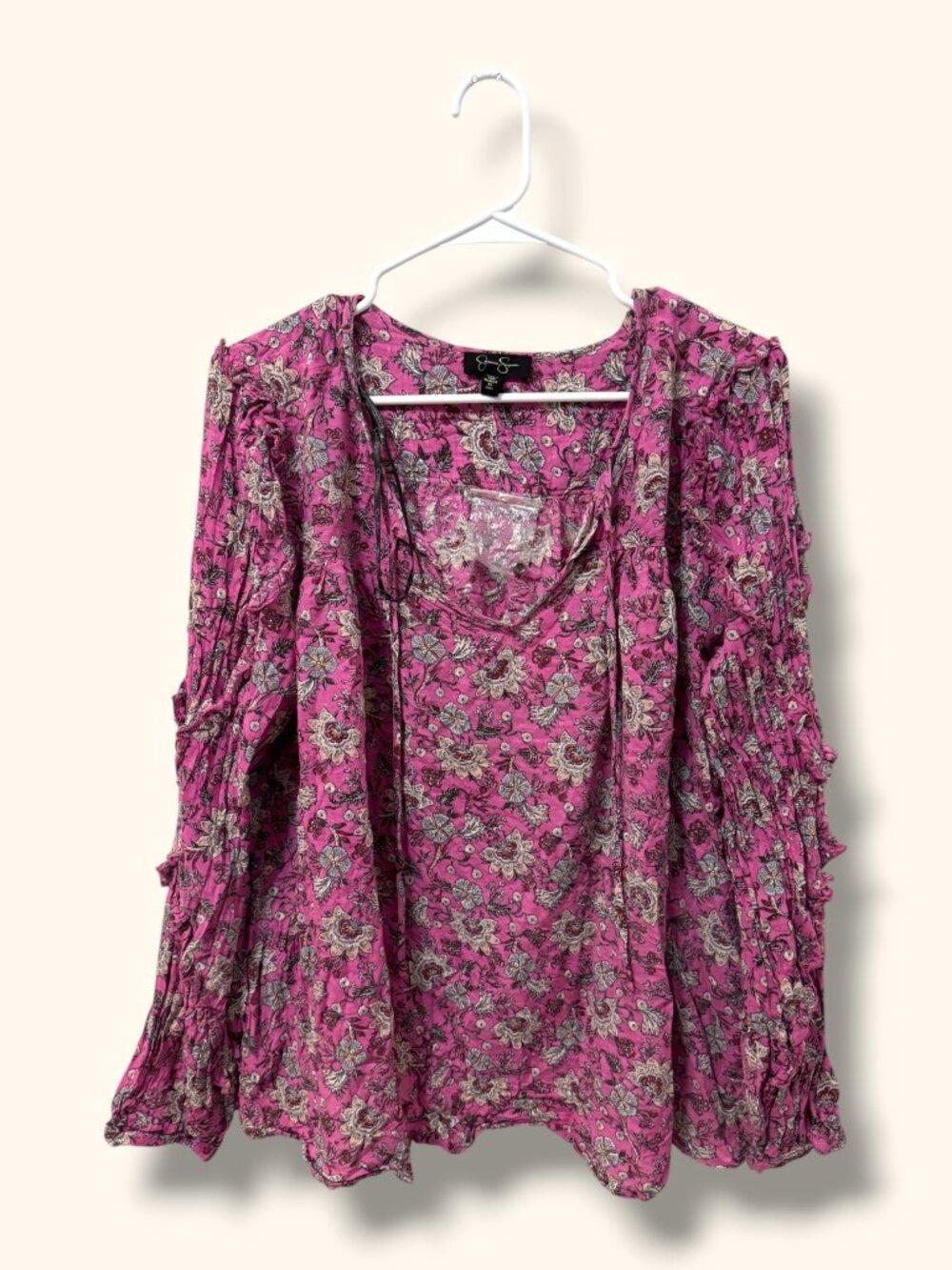 Jessica Simpson Top Womens 2X Pink Floral Boho Peasant Long Sleeve Flowy Blouse